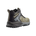 Angled view of Men’s Avenger Aero Trail Composite Toe work shoe in olive – features include a composite safety toe, rugged mesh and synthetic construction, moisture-wicking lining, slip- and oil-resistant outsole, cushioned footbed, and aggressive trail-style design suitable for industrial and outdoor work environments.