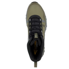 Top view of Men’s Avenger Aero Trail Composite Toe work shoe in olive – features include a reinforced lace-up system, padded tongue and collar, breathable mesh lining, moisture-wicking interior, contoured removable insole, and a wide toe box for added comfort.