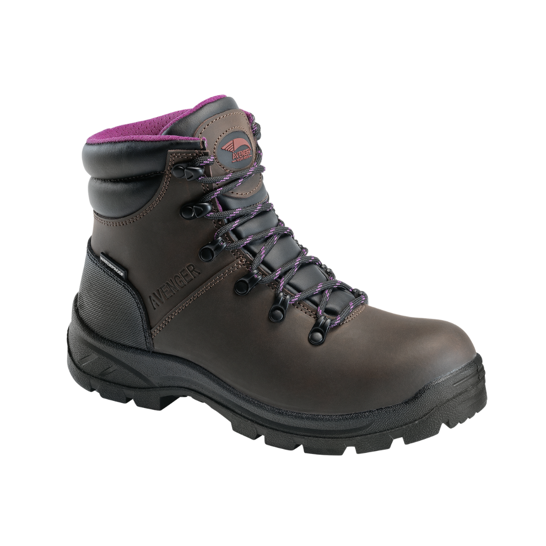 Side View of Women’s Avenger Builder Steel Toe Boot in Brown – featuring a durable steel safety toe, a rugged slip- and oil-resistant outsole for all-terrain traction, and a cushioned insole for all-day comfort.