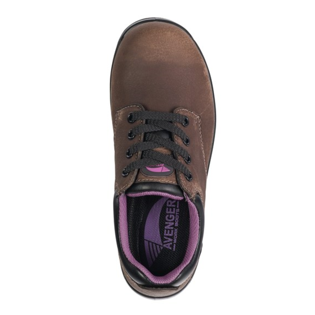 Top view of Women’s Avenger Foreman Oxford Composite Toe work shoe in brown – features include a traditional lace-up closure, padded collar and tongue, moisture-wicking mesh lining, contoured insole for added comfort, and reinforced stitching for durability.