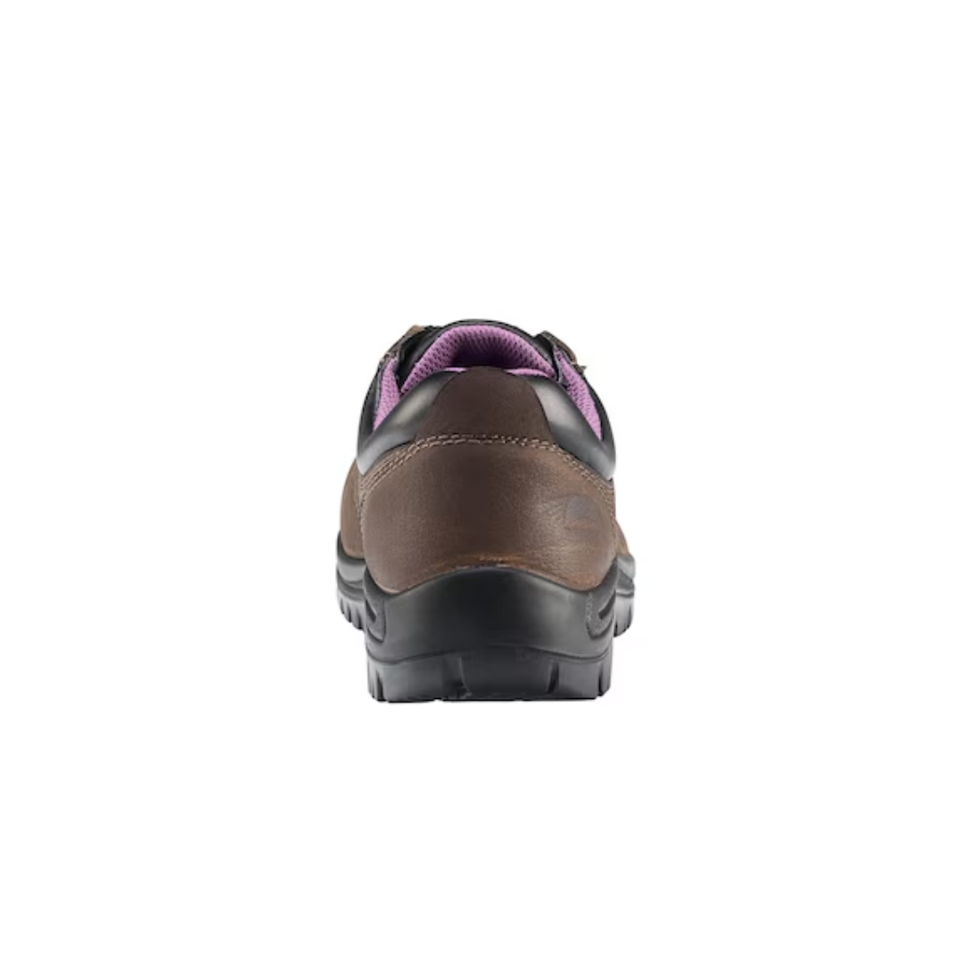 Back view of Women’s Avenger Foreman Oxford Composite Toe work shoe in brown – features include a reinforced heel counter for stability, padded ankle support, subtle rear stitching accents, and a low-cut design for enhanced mobility.