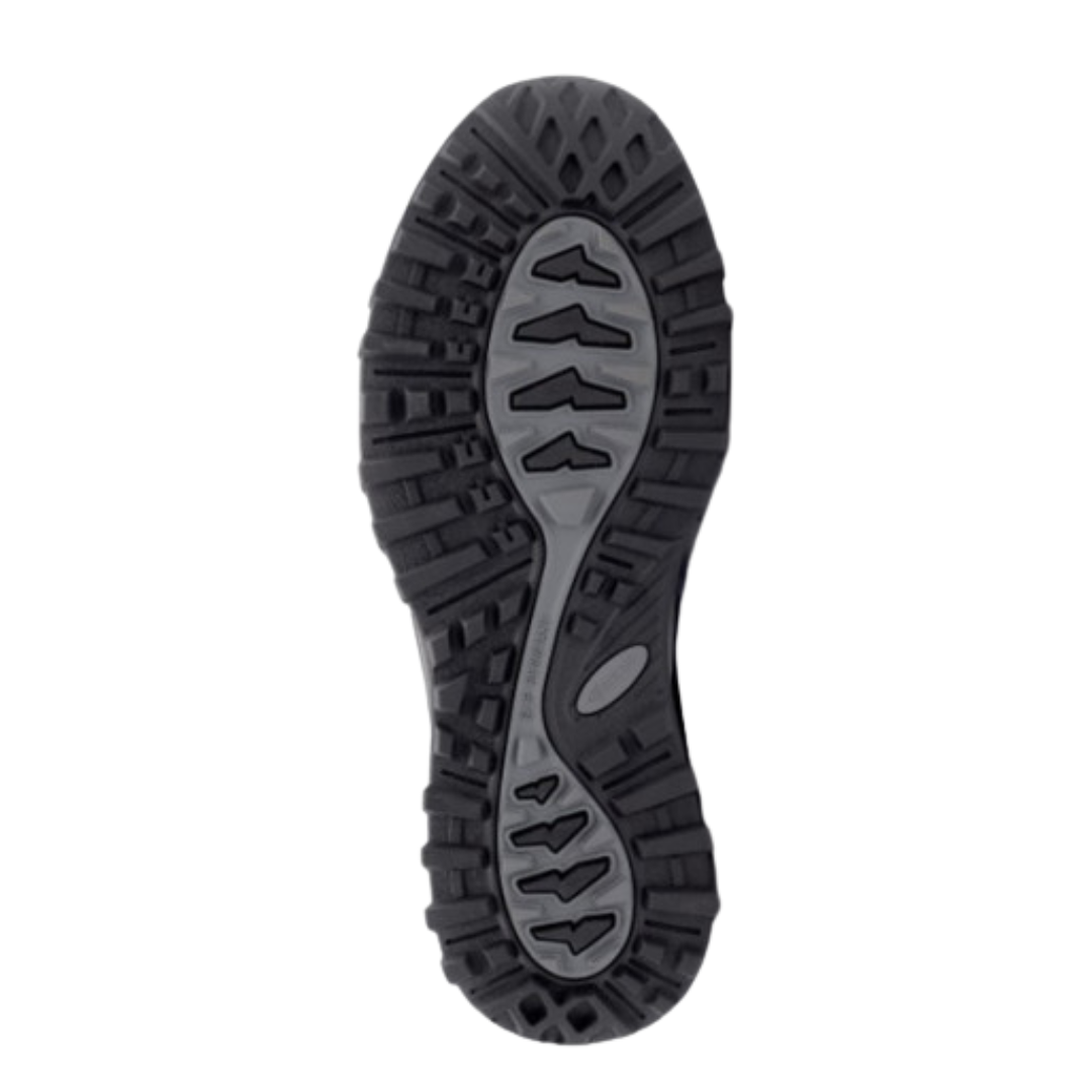 Bottom view of Women’s Avenger Summit Trail Composite Toe work shoe in black/black – features include a durable rubber outsole with aggressive tread for traction, oil- and slip-resistant properties, and EH-rated sole for electrical hazard safety.