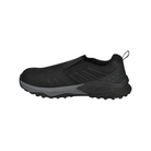 Side view of Women’s Avenger Summit Trail Composite Toe work shoe in black/black – features include a lightweight composite safety toe, abrasion-resistant mesh and synthetic upper, slip- and oil-resistant rubber outsole, electrical hazard protection, and shock-absorbing midsole for active work environments.