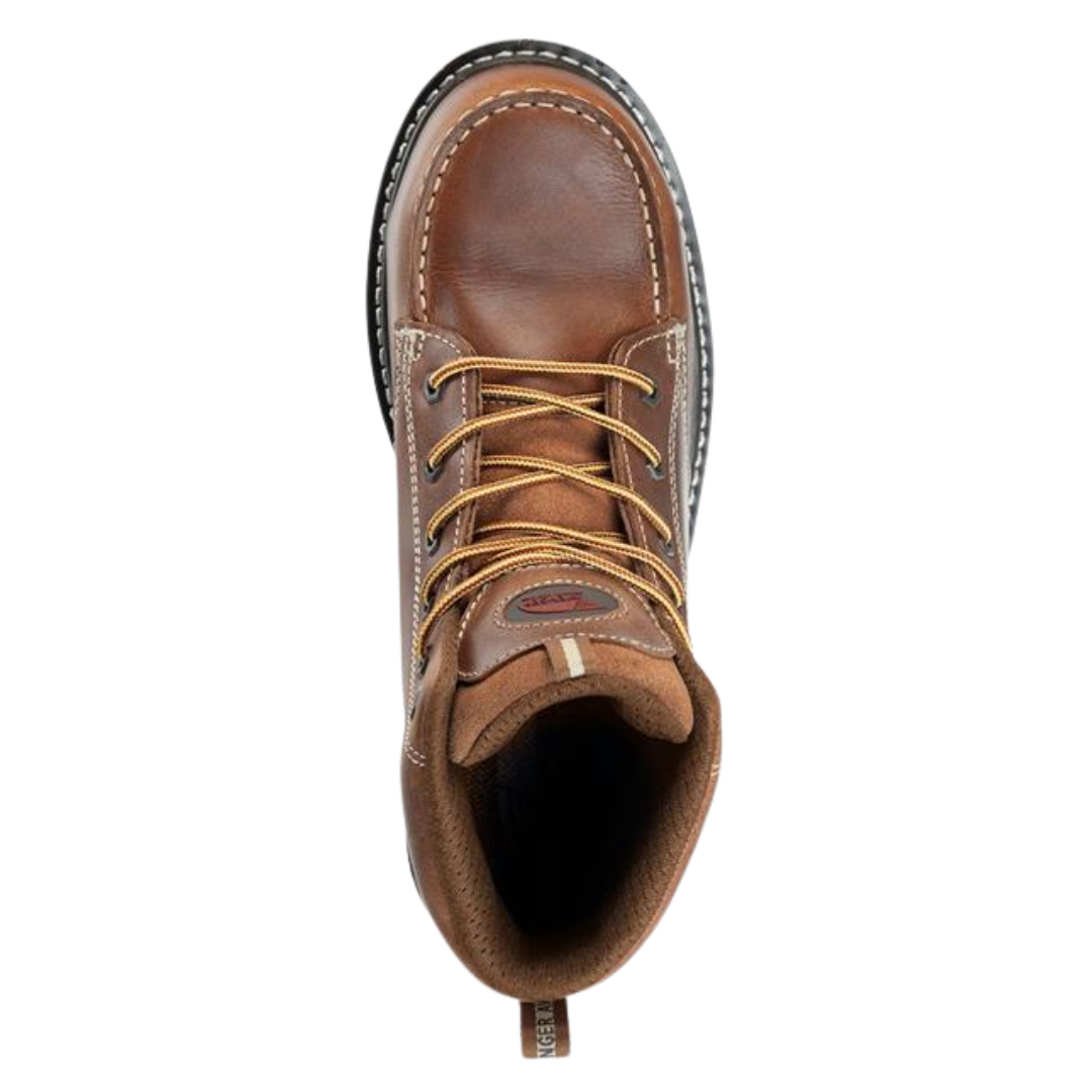 Top view of men's Avenger 6" Wedge Carbon Toe Waterproof Work Boot in brown – featuring a padded collar and tongue, lace-up closure with metal eyelets, and a removable dual-density cushioned insole for enhanced comfort and support.