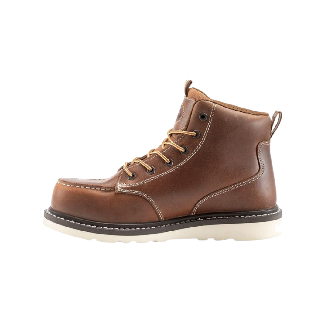 Side view of men's Avenger 6" Wedge Carbon Toe Waterproof Work Boot in brown – featuring a full-grain leather upper, ASTM-rated carbon nanofiber safety toe, and a slip-resistant polyurethane wedge outsole for reliable traction.