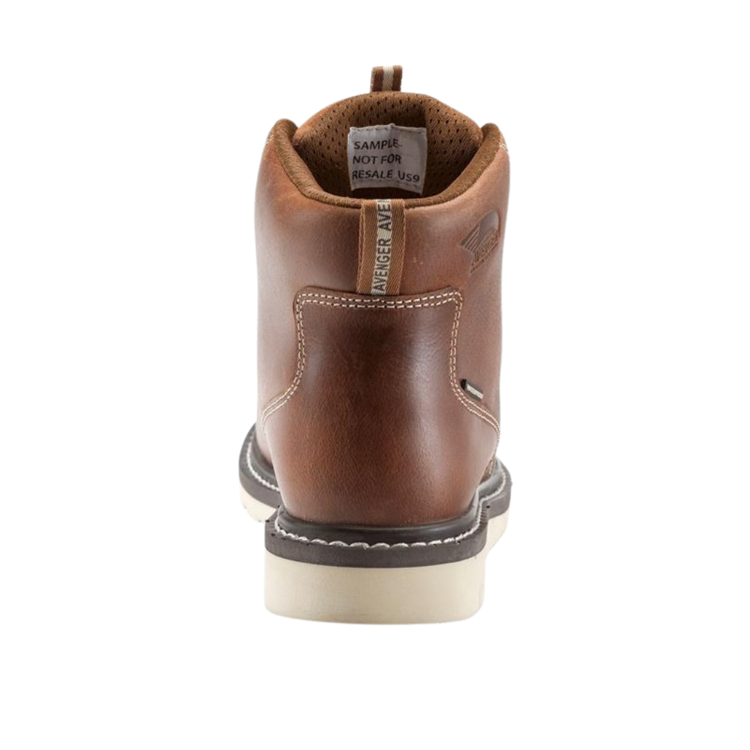 Back view of men's Avenger 6" Wedge Carbon Toe Waterproof Work Boot in brown – showcasing a reinforced heel counter, padded ankle collar for added support, and a pull tab for easy on and off.