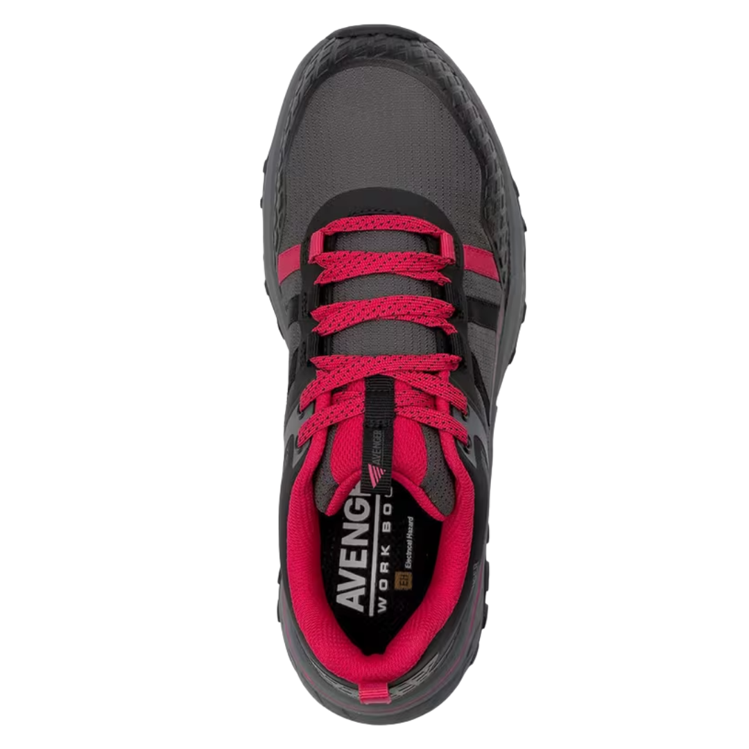 Top view of Women’s Avenger Aero Trail composite toe work shoe in grey and magenta – featuring breathable mesh upper with synthetic overlays, padded collar, and lace-up closure for a secure fit.