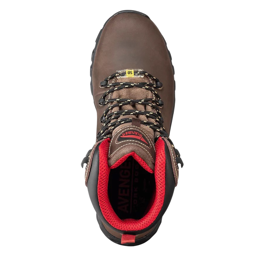 Top view of Women’s Avenger Aero Trail composite toe work shoe in grey and magenta – featuring breathable mesh upper with synthetic overlays, padded collar, and lace-up closure for a secure fit.