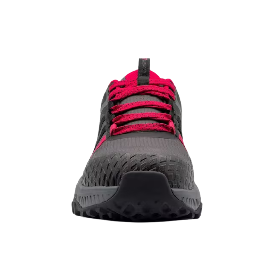 Front view of Women’s Avenger Aero Trail composite toe work shoe in grey and magenta – presenting composite toe cap, breathable mesh upper, and durable construction for workplace protection.