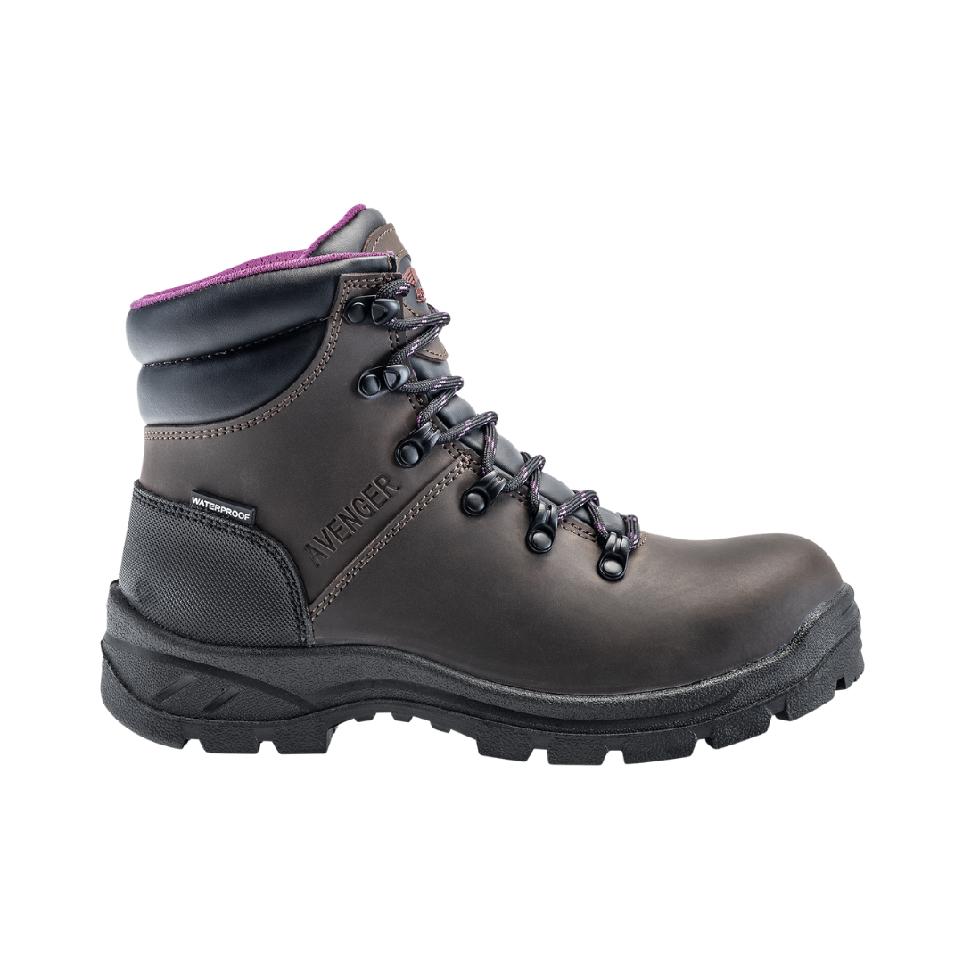 Side View of Women’s Avenger Builder Steel Toe Boot in Brown – featuring a slip- and oil-resistant rubber outsole for reliable traction, reinforced leather construction for durability, and a shock-absorbing midsole for reduced foot fatigue.