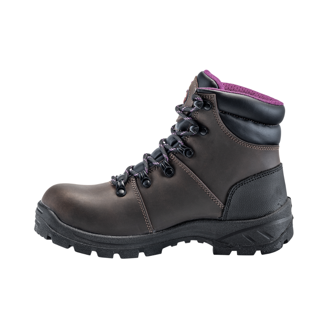 Side View of Women’s Avenger Builder Steel Toe Boot in Brown – featuring a slip- and oil-resistant rubber outsole for reliable traction, reinforced leather construction for durability, and a shock-absorbing midsole for reduced foot fatigue.