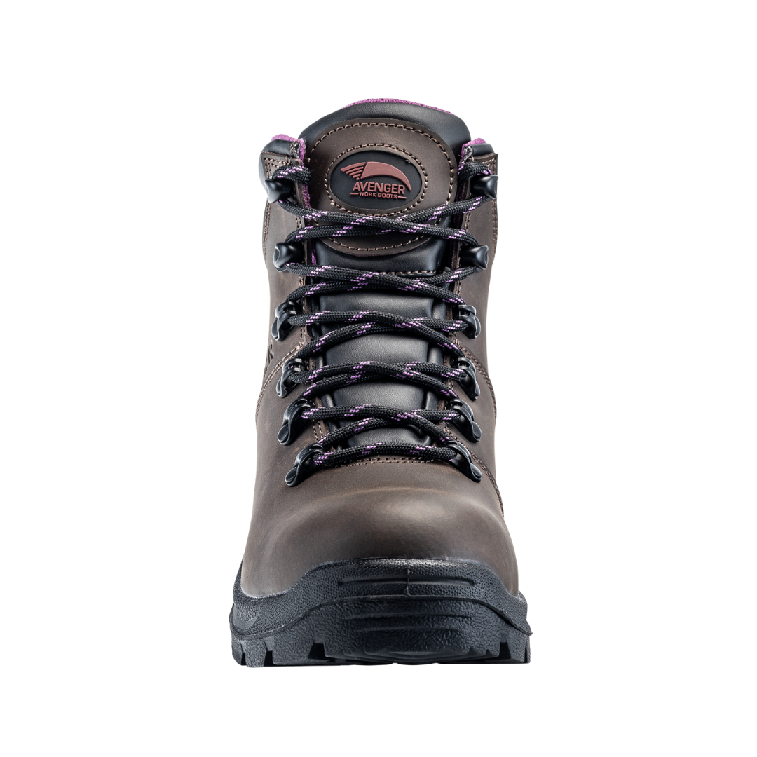 Front View of Women’s Avenger Builder Steel Toe Boot in Brown – featuring a wide steel toe box for impact protection, a secure lace-up closure for a snug fit, and reinforced stitching for durability on the jobsite.