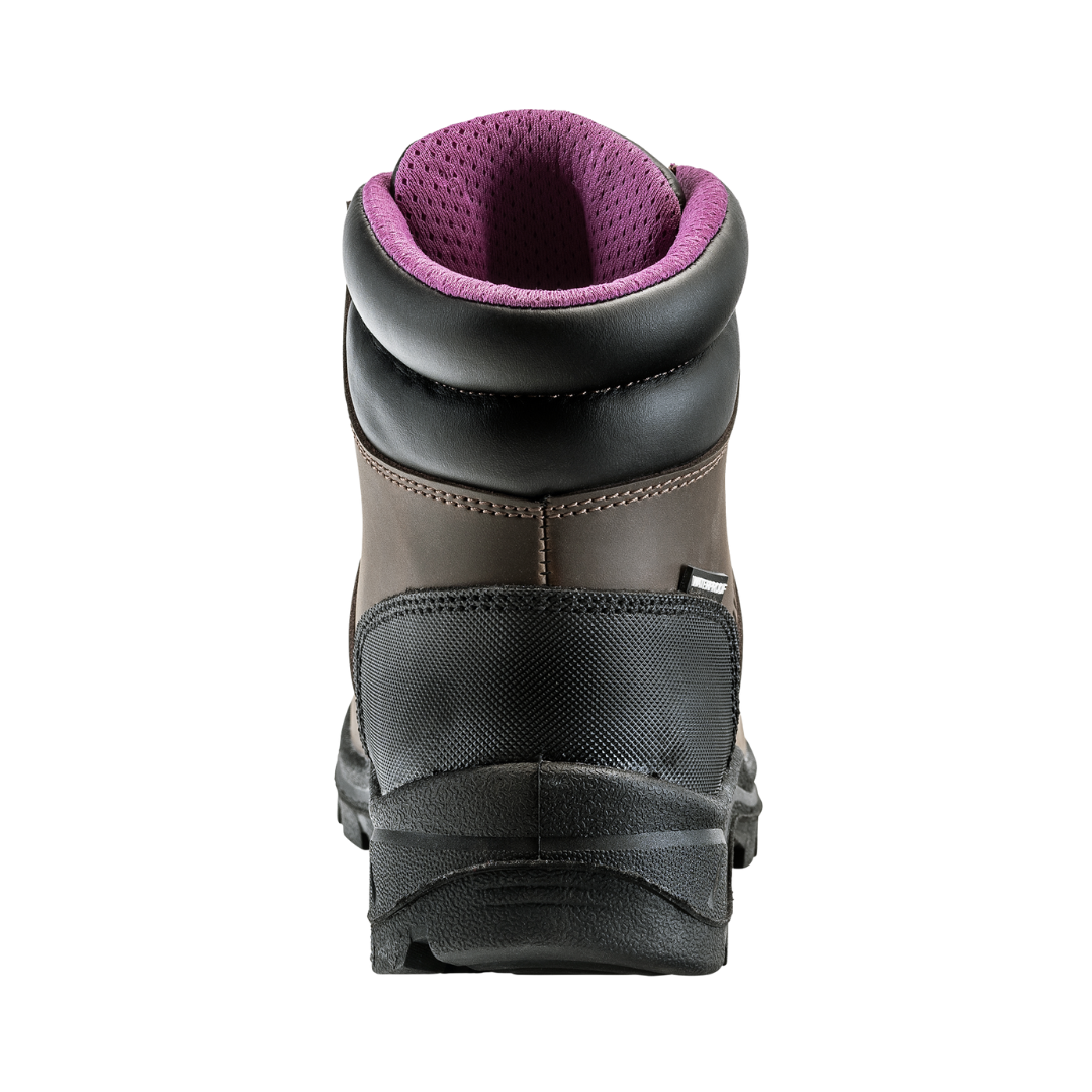 Back View of Women’s Avenger Builder Steel Toe Boot in Brown – featuring a reinforced heel for added stability, a padded collar for ankle support, and a pull loop for easy on-and-off convenience.