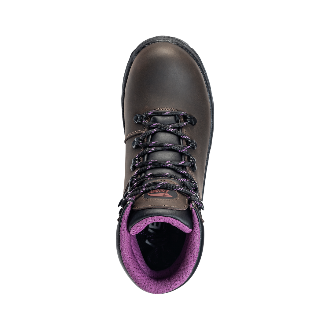 Top View of Women’s Avenger Builder Steel Toe Boot in Brown – featuring a durable steel safety toe for impact protection, a premium leather upper for rugged performance, and a cushioned footbed for long-lasting comfort on the jobsite.