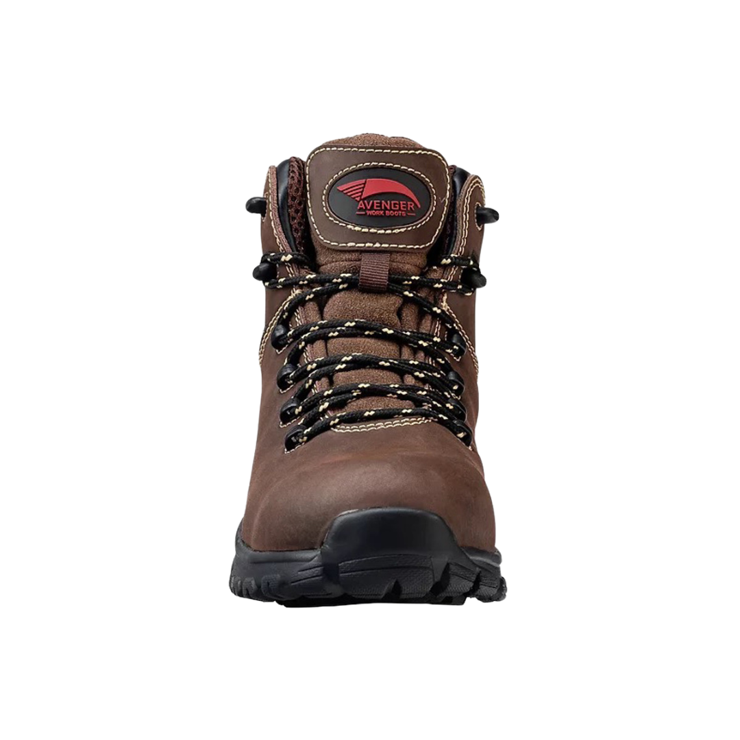 Front view of Avenger Women's Flight Brown Alloy Toe EH Waterproof Work Boot – featuring a protective toe cap, breathable leather forefoot, and traditional lacing system for adjustable support.