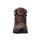 Front view of Avenger Women's Flight Brown Alloy Toe EH Waterproof Work Boot – featuring a protective toe cap, breathable leather forefoot, and traditional lacing system for adjustable support.