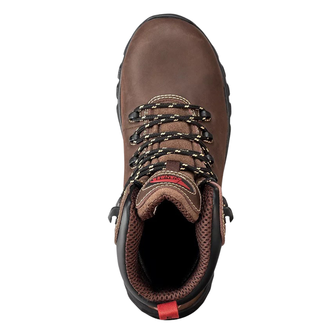 Top view of Avenger Women's Flight Brown Alloy Toe EH Waterproof Work Boot – featuring a brown full-grain leather upper, traditional lace-up closure, and padded tongue for enhanced comfort.