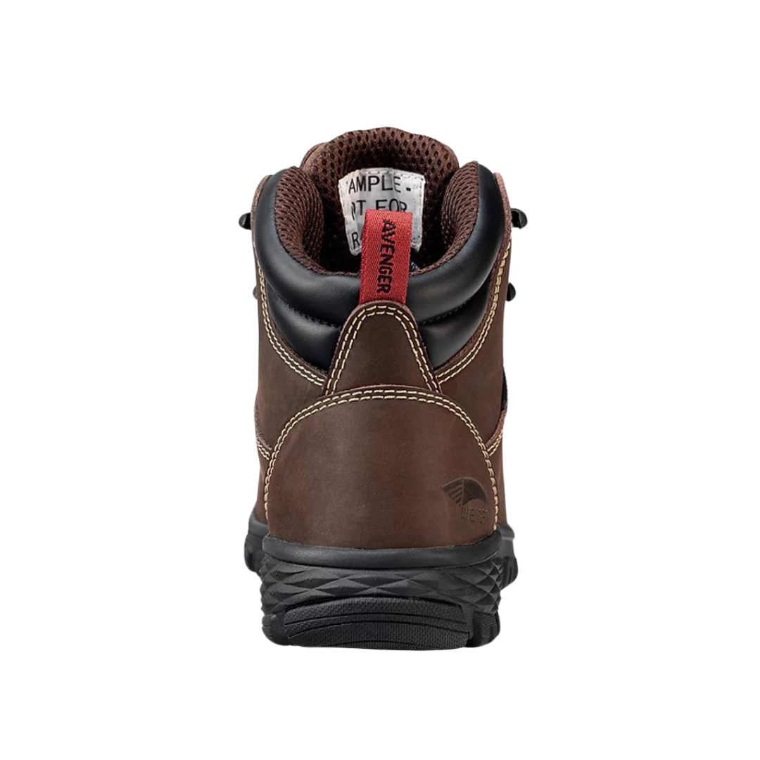 Back view of Avenger Women's Flight Brown Alloy Toe EH Waterproof Work Boot – featuring a padded collar, reinforced heel counter for added support, and pull tab for easy on/off.