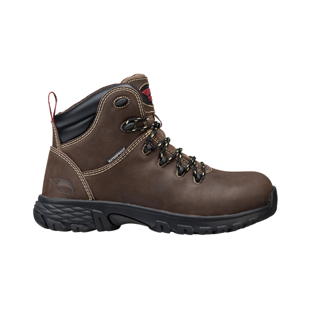 Side View of Women’s Avenger Flight Aluminum Toe Boot in Brown – featuring a slip- and oil-resistant rubber outsole for superior traction, a shock-absorbing midsole to reduce fatigue, and a classic low-ankle work boot design for versatile wear.