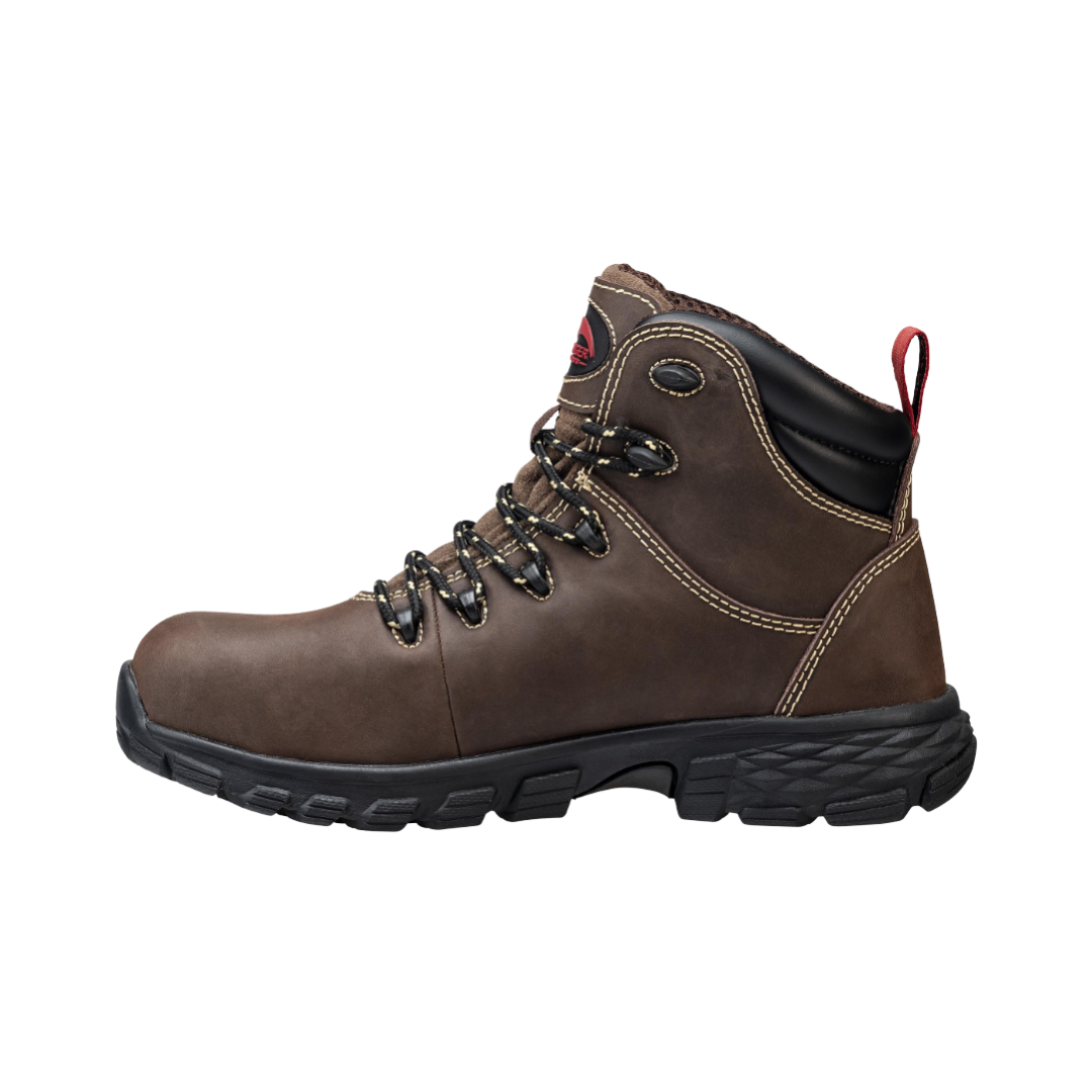 Side View of Women’s Avenger Flight Aluminum Toe Boot in Brown – featuring a slip- and oil-resistant rubber outsole for superior traction, a shock-absorbing midsole to reduce fatigue, and a classic low-ankle work boot design for versatile wear.