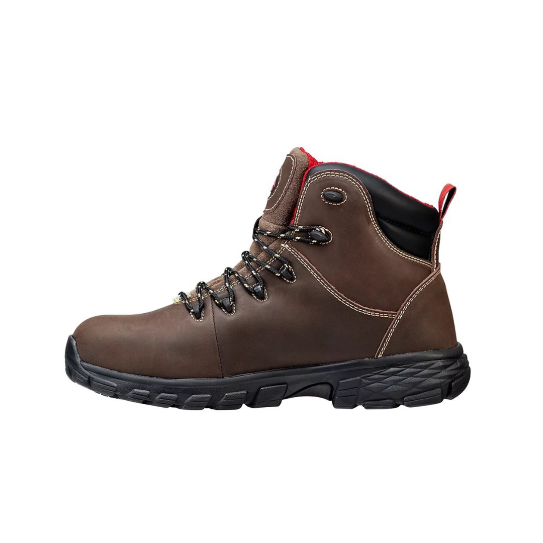 Side view of Men’s Avenger Flight Aluminum Toe Waterproof Work Boot in brown – featuring a lightweight aluminum safety toe, waterproof construction, and durable EVA/rubber outsole for slip resistance.