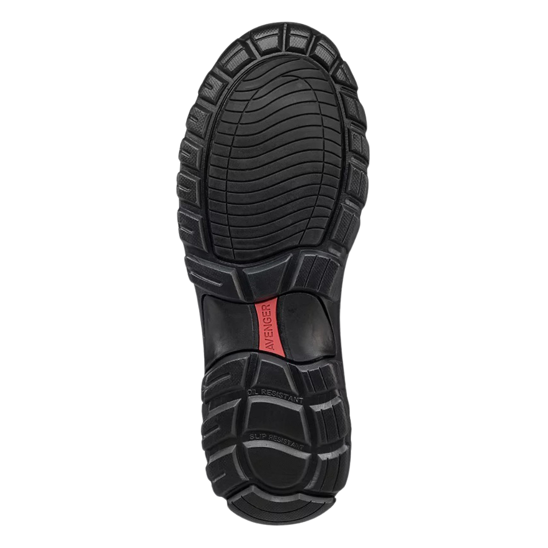 Bottom view of Men’s Avenger Flight Aluminum Toe Waterproof Work Boot in brown – featuring a slip-resistant rubber outsole with strategic tread patterns for reliable traction on various surfaces.