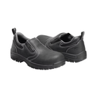 Angled View of Women’s Avenger Foreman Slip-On Composite Toe Boot in Black – featuring a protective composite safety toe, sleek slip-on design with dual side elastic for convenience, and a comfortable cushioned midsole for extended wear.
