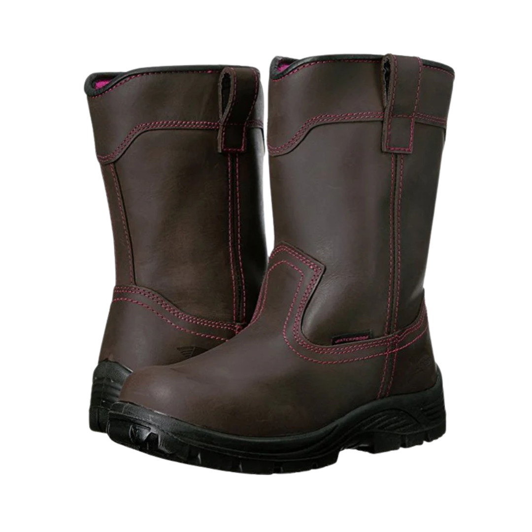 Angled View of Women’s Avenger Framer Composite Toe Boot in Brown – featuring a protective composite safety toe, reinforced leather upper with stitching details for durability, and a cushioned midsole for comfortable wear during long workdays.