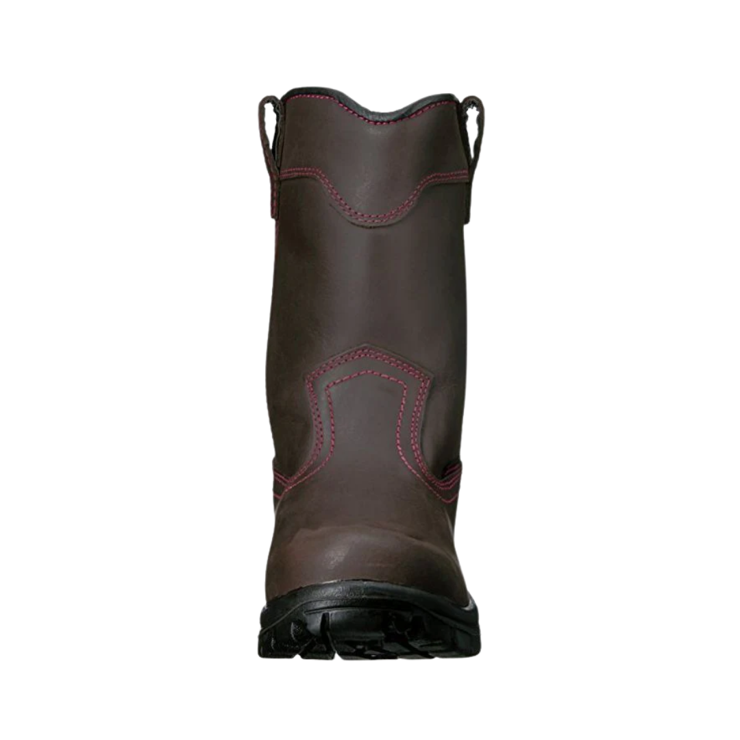 Front  View of Women’s Avenger Framer Composite Toe Boot in Brown – featuring a slip- and oil-resistant rubber outsole for secure traction, a shock-absorbing midsole to reduce fatigue, and a classic work boot design built for tough jobsite conditions.