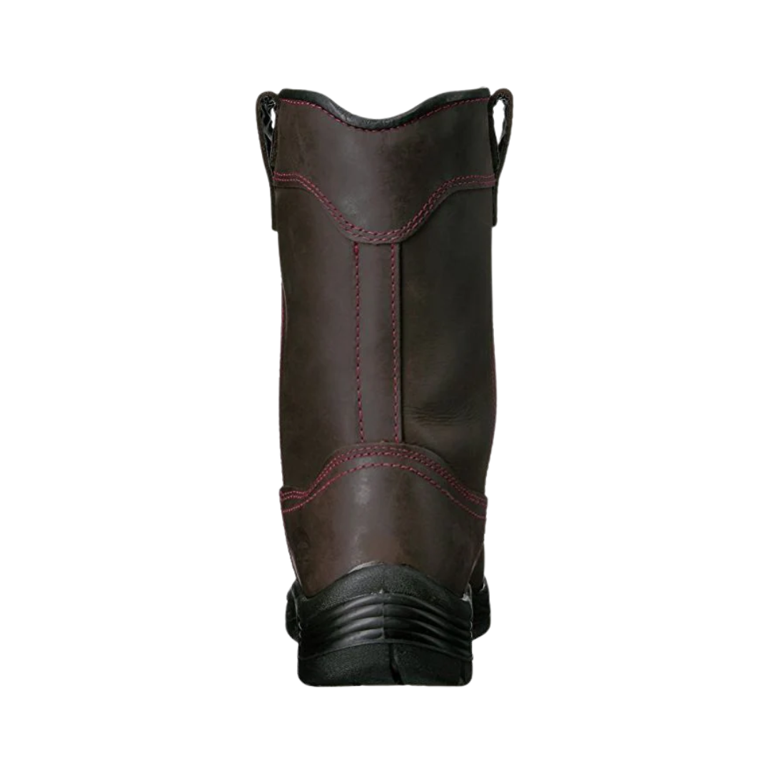 Back  View of Women’s Avenger Framer Composite Toe Boot in Brown – featuring a slip- and oil-resistant rubber outsole for secure traction, a shock-absorbing midsole to reduce fatigue, and a classic work boot design built for tough jobsite conditions.