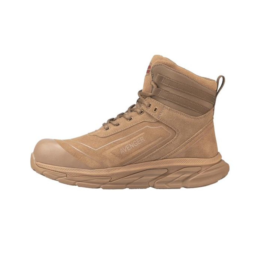 Side view of men's Avenger K4 Mid Alloy Toe Waterproof Boot in black – featuring a breathable premium textile and suede leather upper, lightweight aluminum safety toe, and a slip-resistant rubber outsole for reliable traction.