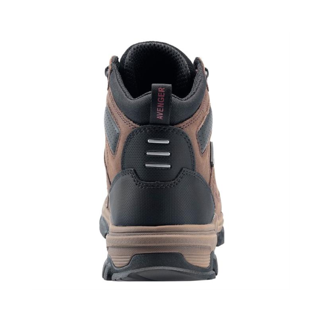 Back view of men's Avenger Ripsaw Alloy Toe Boot in brown – showcasing a reinforced heel counter, padded ankle collar for added support, and a pull tab for easy on and off.