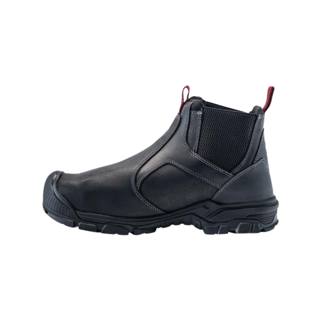 Side View of Men’s Avenger Ripsaw Slip On alloy toe work shoe in black – featuring slip-resistant outsole for enhanced safety, alloy toe cap for impact protection, memory foam cushioned insole for all-day comfort, breathable mesh upper for ventilation, and rugged construction for durability.