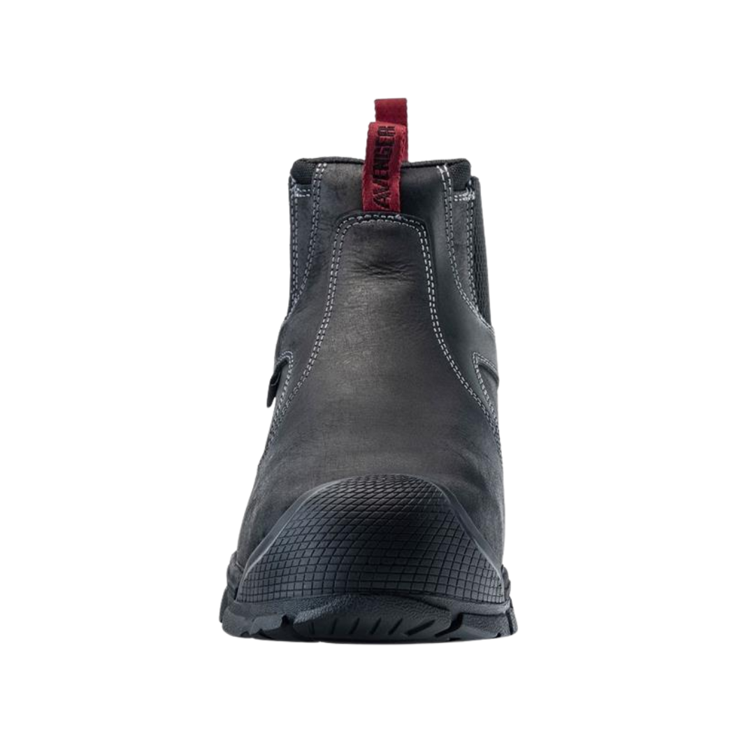 Front View of Men’s Avenger Ripsaw Slip On alloy toe work shoe in black – featuring protective alloy toe with seamless overlay for durability, ventilated toe box for breathability, and ergonomic design to reduce foot fatigue.