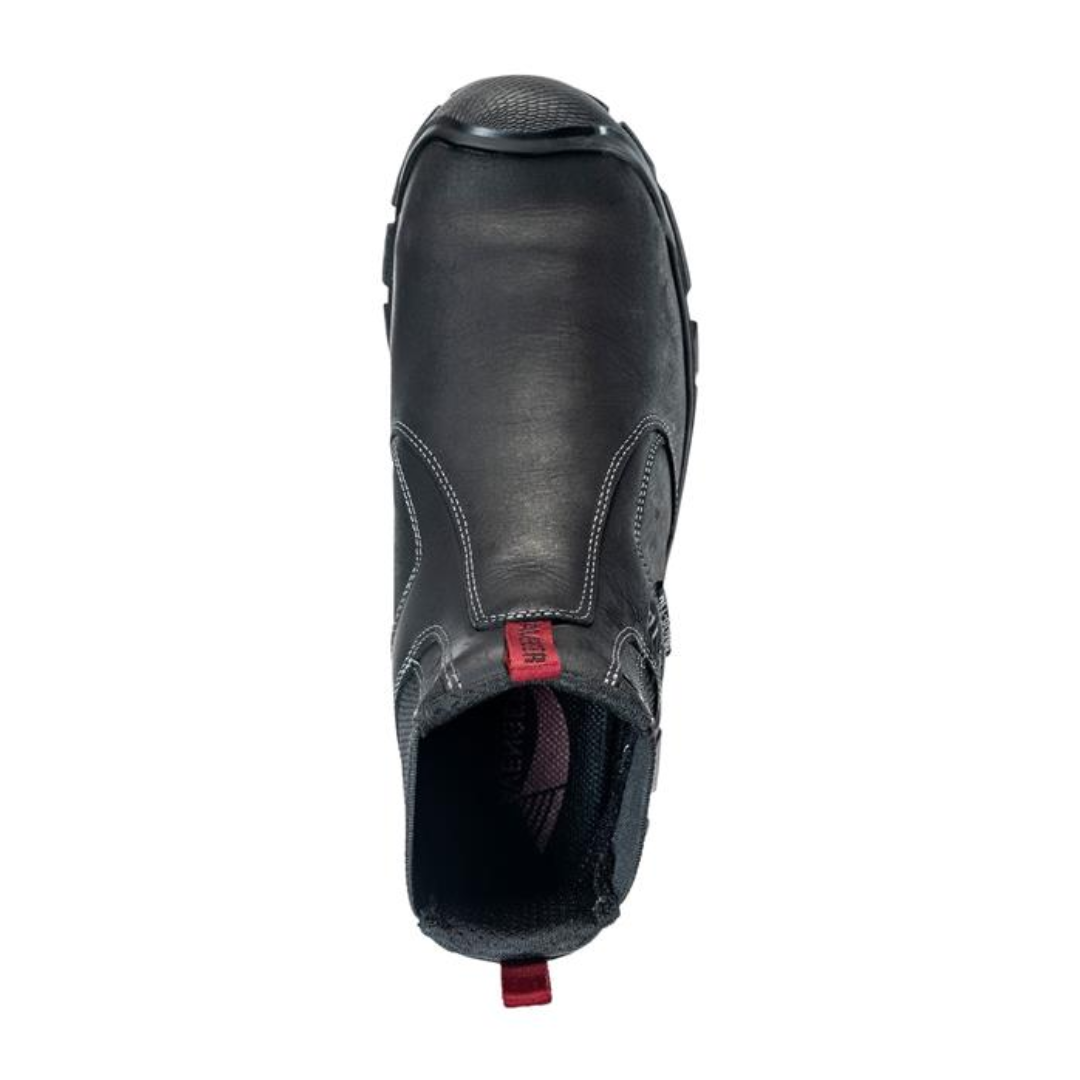 Top View of Men’s Avenger Ripsaw Slip On alloy toe work shoe in black – featuring breathable mesh lining to keep feet dry, memory foam footbed for superior cushioning, and slip-on design with elastic gore panels for a secure, adaptive fit.