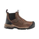 Side View of Men’s Avenger Romeo Aluminum Toe Boot in Brown – featuring slip-resistant rubber outsoles for secure footing, dual pull tabs and stretch side panels for easy on-and-off, and a classic low-ankle Chelsea boot design for versatile workwear.