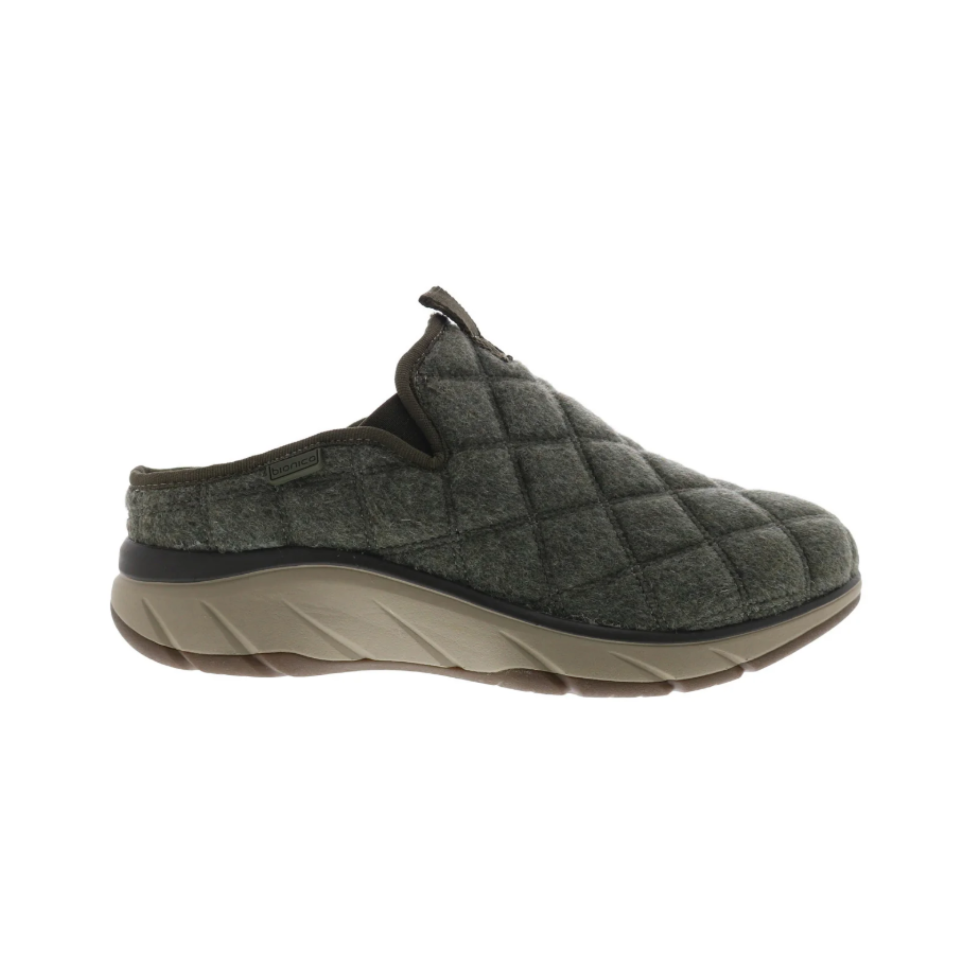 Side View of Women’s Bionica Akina boot in olive – featuring a premium leather upper with side zipper closure, cushioned footbed for enhanced comfort, and lightweight slip-resistant outsole for flexible everyday support.