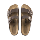 Top view of Women’s Birkenstock Arizona Birko-Flor sandal in Dark Brown – featuring a classic two-strap design with adjustable buckles for a customizable fit and a comfortable cork footbed.
