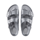 Top View of Unisex Birkenstock Arizona Essentials EVA sandal in Metallic Silver – featuring a lightweight, durable EVA construction, adjustable two-strap design, and a cushioned footbed for added comfort.