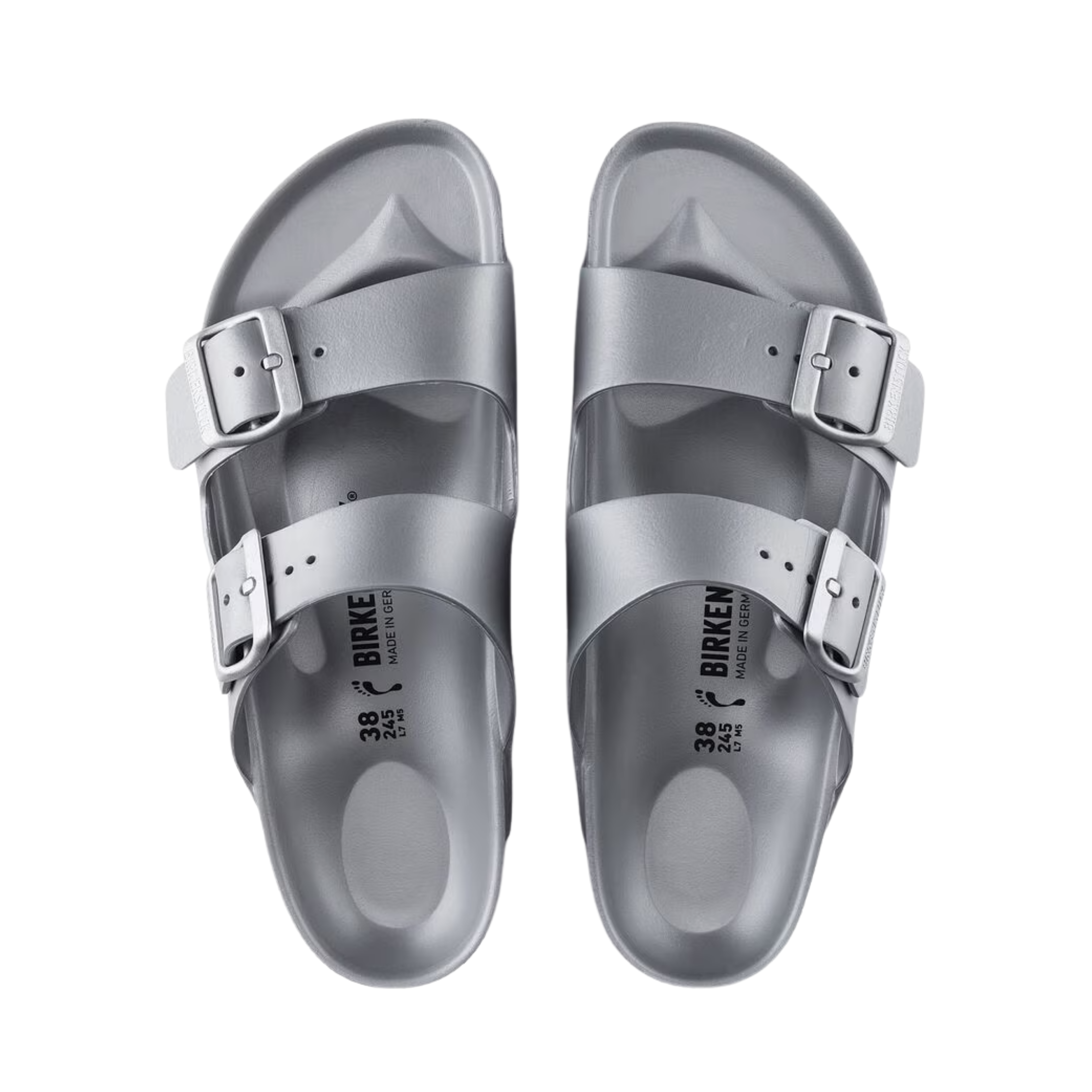 Top View of Unisex Birkenstock Arizona Essentials EVA sandal in Metallic Silver – featuring a lightweight, durable EVA construction, adjustable two-strap design, and a cushioned footbed for added comfort.
