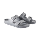 Side View of Unisex Birkenstock Arizona Essentials EVA sandal in Metallic Silver – showcasing a modern metallic finish, adjustable straps for a secure, custom fit, and a flexible EVA sole for everyday wear.