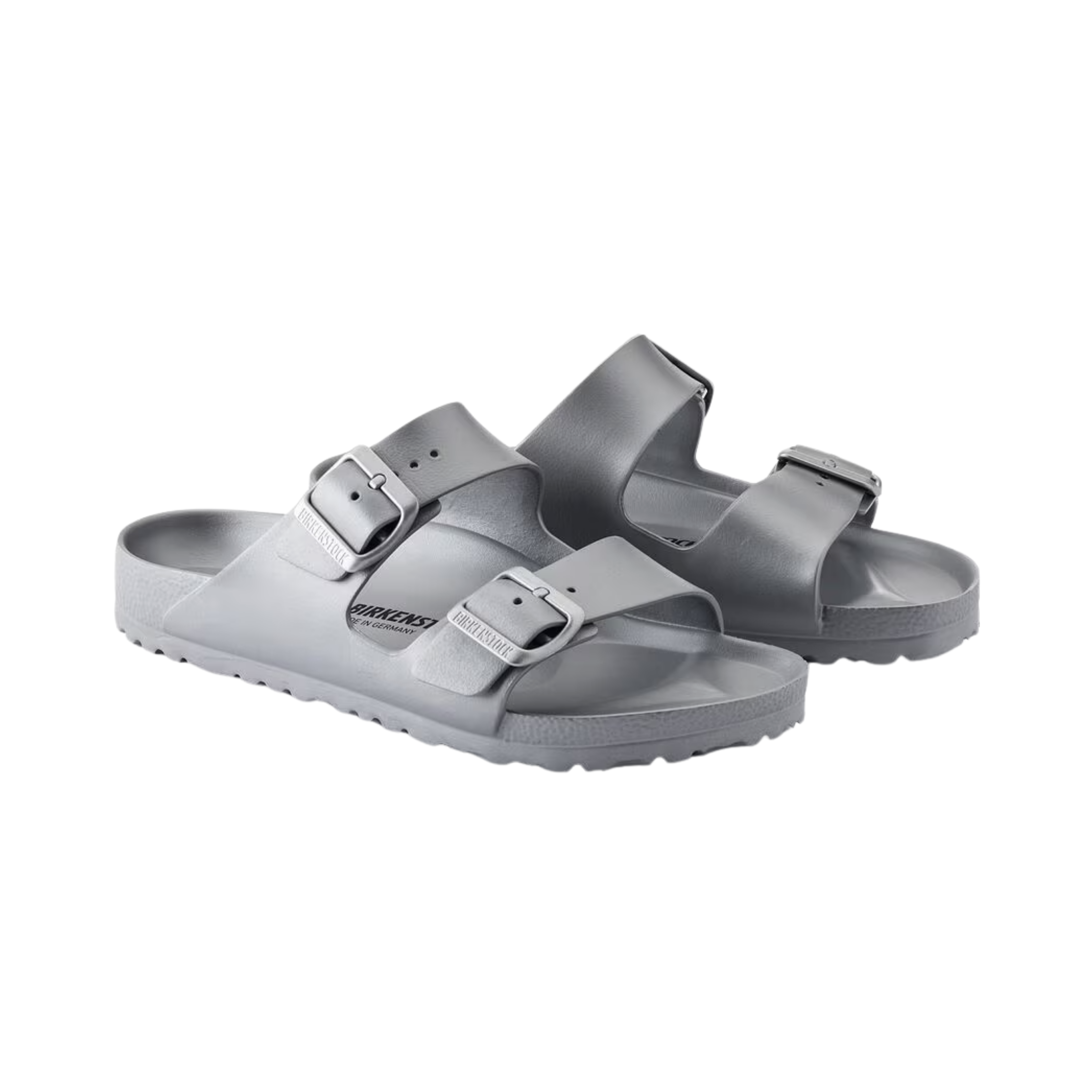 Side View of Unisex Birkenstock Arizona Essentials EVA sandal in Metallic Silver – showcasing a modern metallic finish, adjustable straps for a secure, custom fit, and a flexible EVA sole for everyday wear.