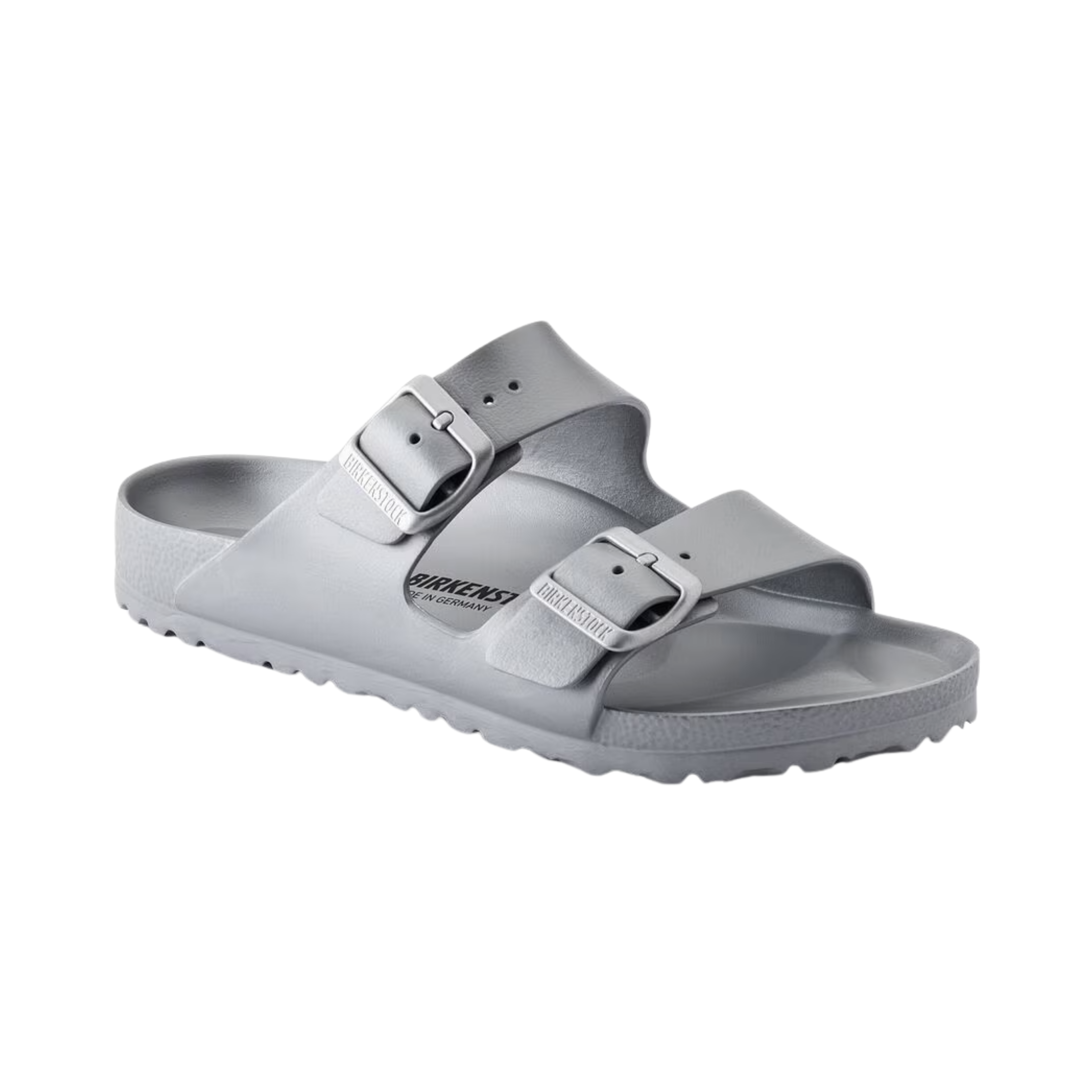 Side View of Unisex Birkenstock Arizona Essentials EVA sandal in Metallic Silver – showcasing a modern metallic finish, adjustable straps for a secure, custom fit, and a flexible EVA sole for everyday wear.
