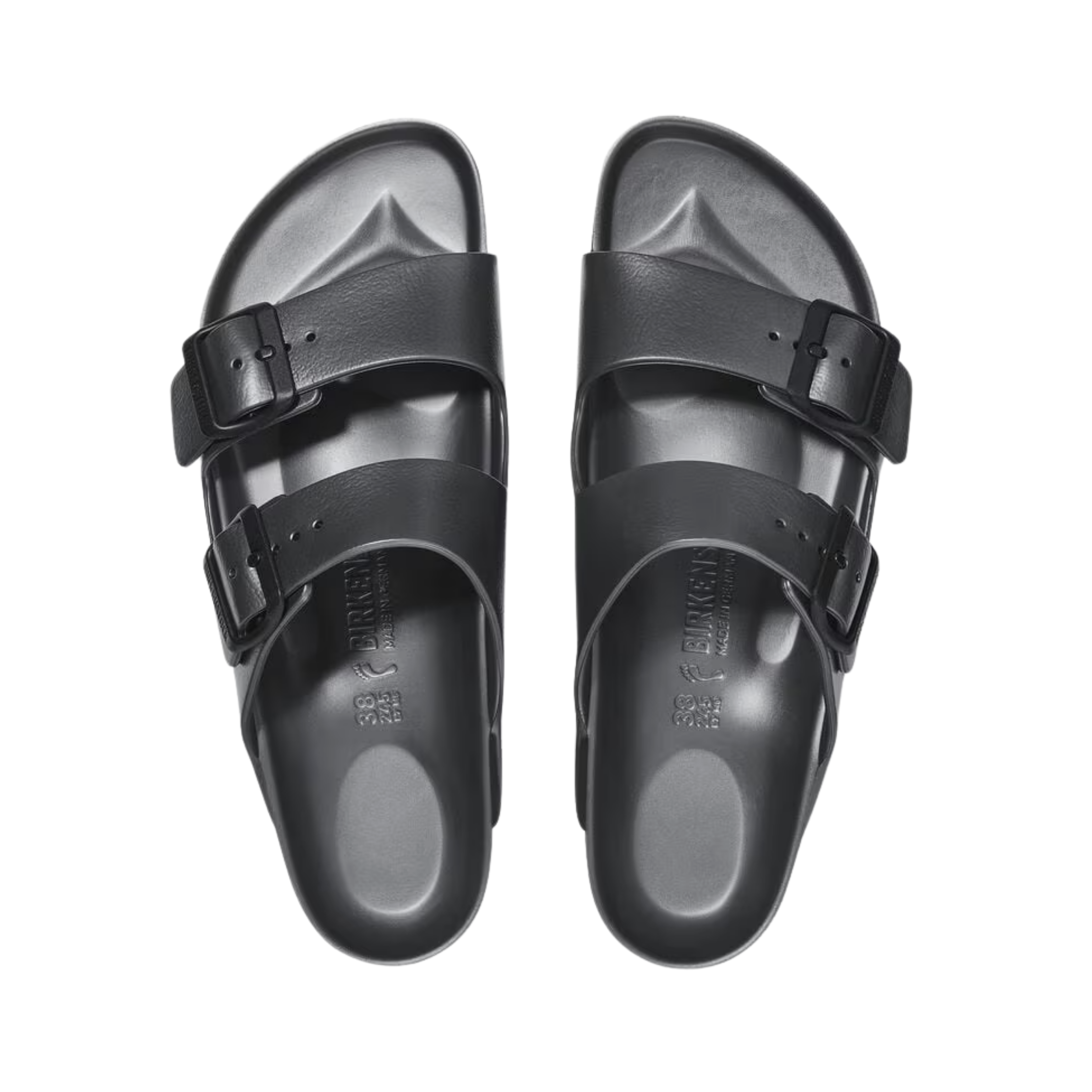Top View of Unisex Birkenstock Arizona Essentials EVA sandal in Metallic Anthracite – featuring a lightweight, durable EVA construction, adjustable two-strap design, and a cushioned footbed for comfort.