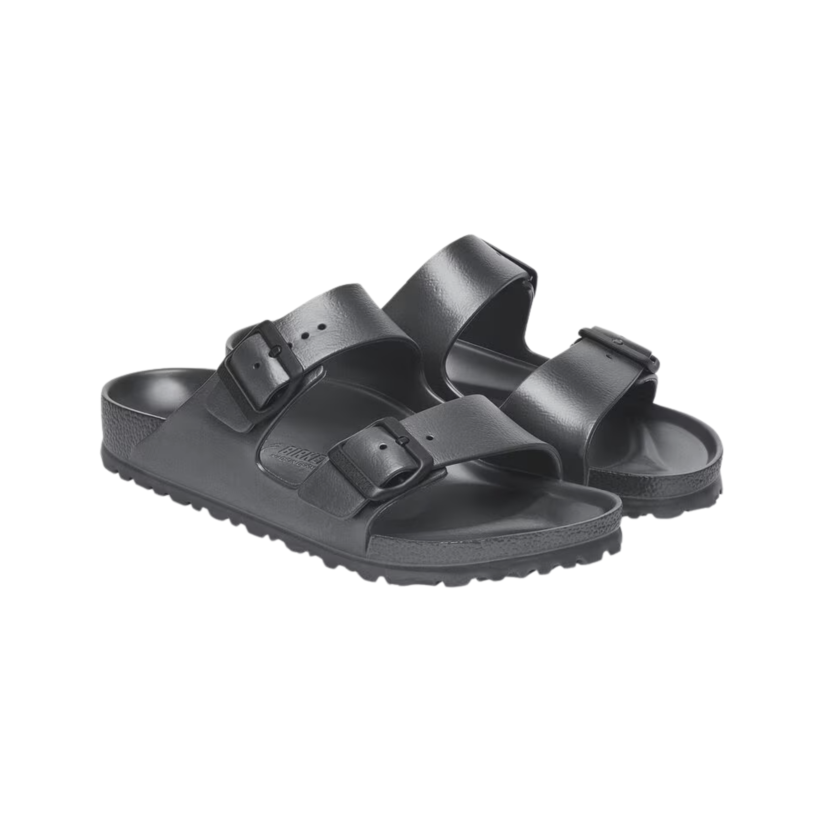 Side View of Unisex Birkenstock Arizona Essentials EVA sandal in Metallic Anthracite – showcasing a sleek metallic finish, adjustable straps for a custom fit, and a lightweight EVA sole for everyday wear.