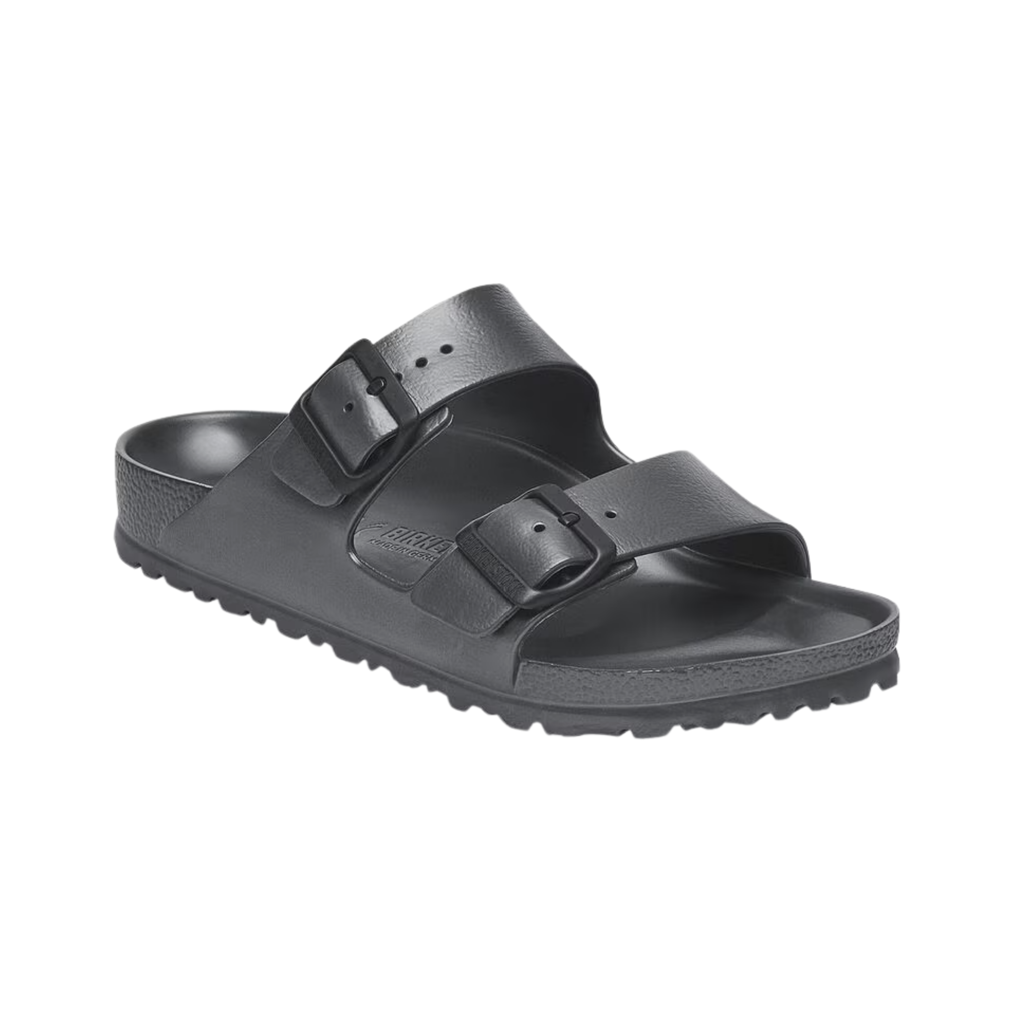 Side View of Unisex Birkenstock Arizona Essentials EVA sandal in Metallic Anthracite – showcasing a sleek metallic finish, adjustable straps for a custom fit, and a lightweight EVA sole for everyday wear.