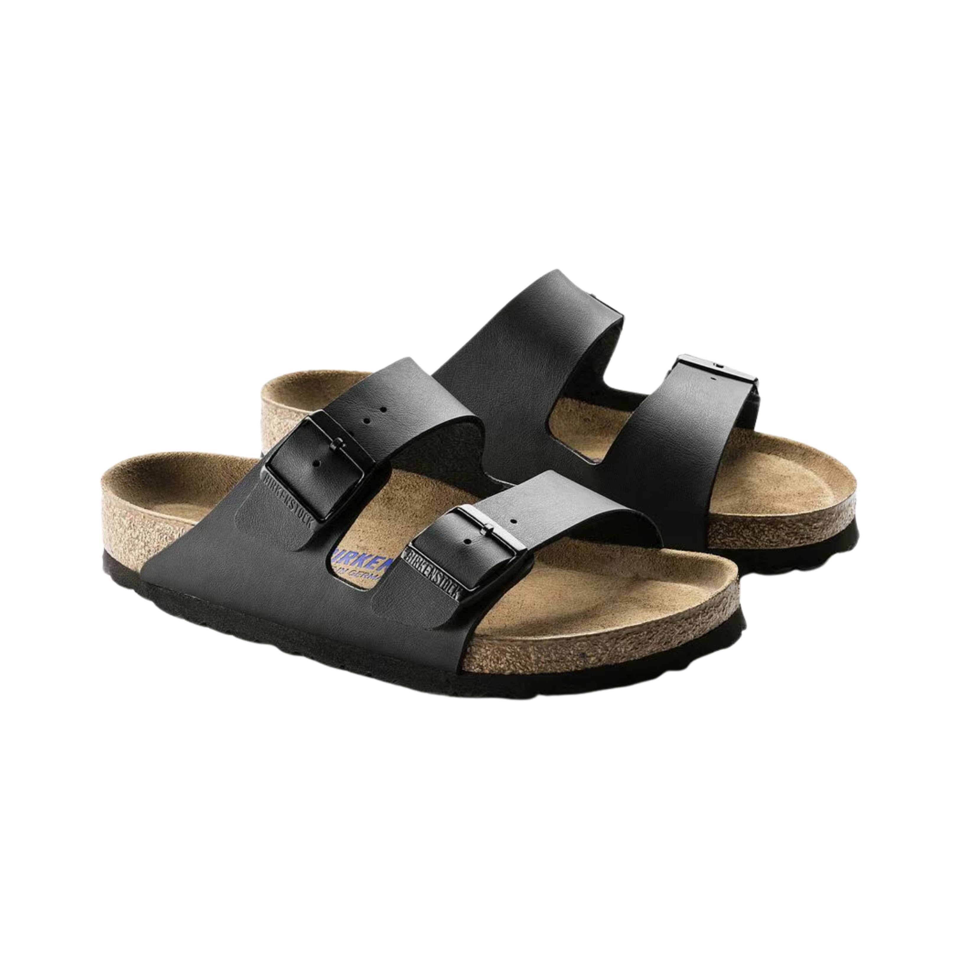 Side view of Men’s Birkenstock Arizona SFB Birko-Flor sandal in Black – featuring a classic two-strap design with an ergonomic cork footbed for all-day comfort and a durable, stylish finish.