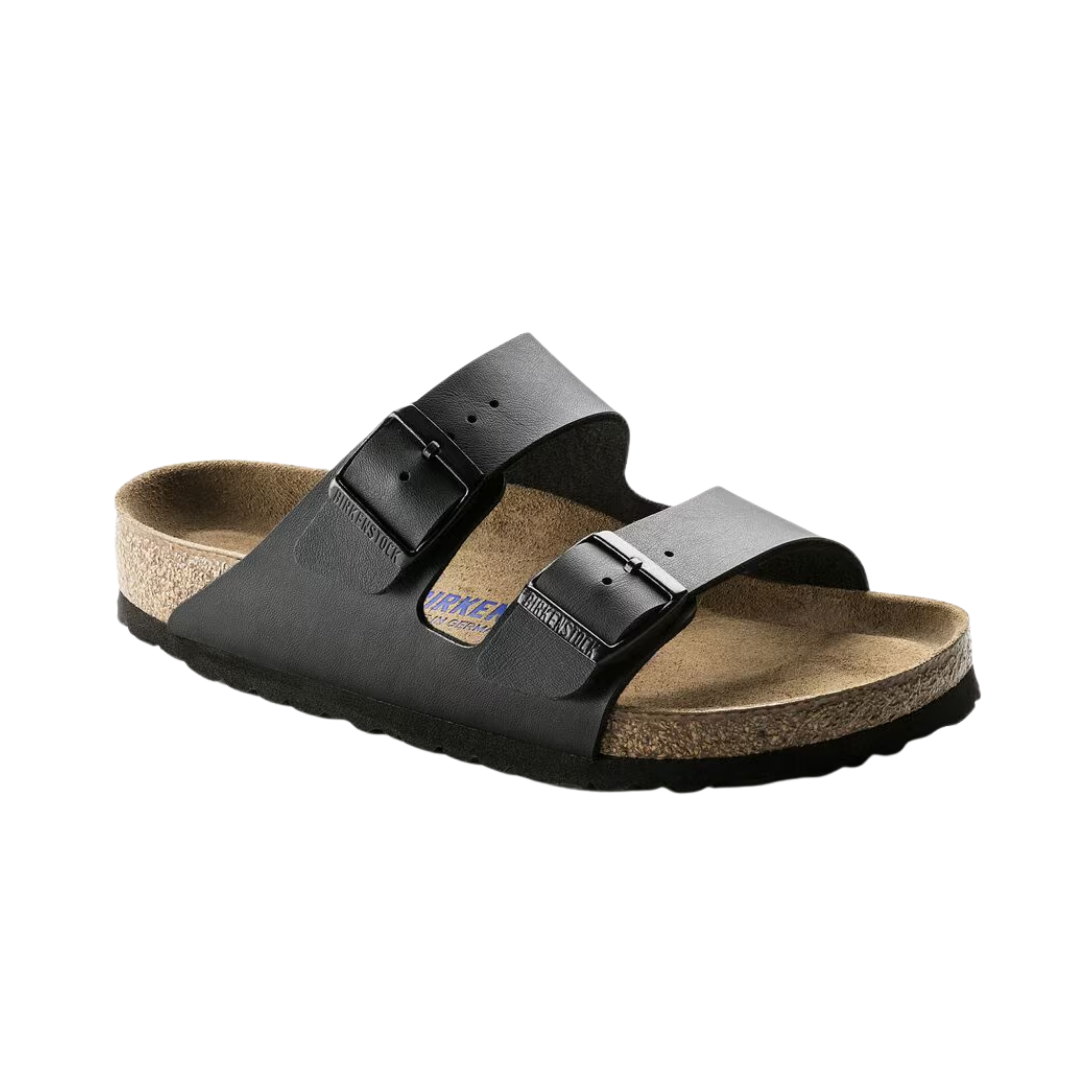 Side view of Men’s Birkenstock Arizona SFB Birko-Flor sandal in Black – featuring a classic two-strap design with an ergonomic cork footbed for all-day comfort and a durable, stylish finish.