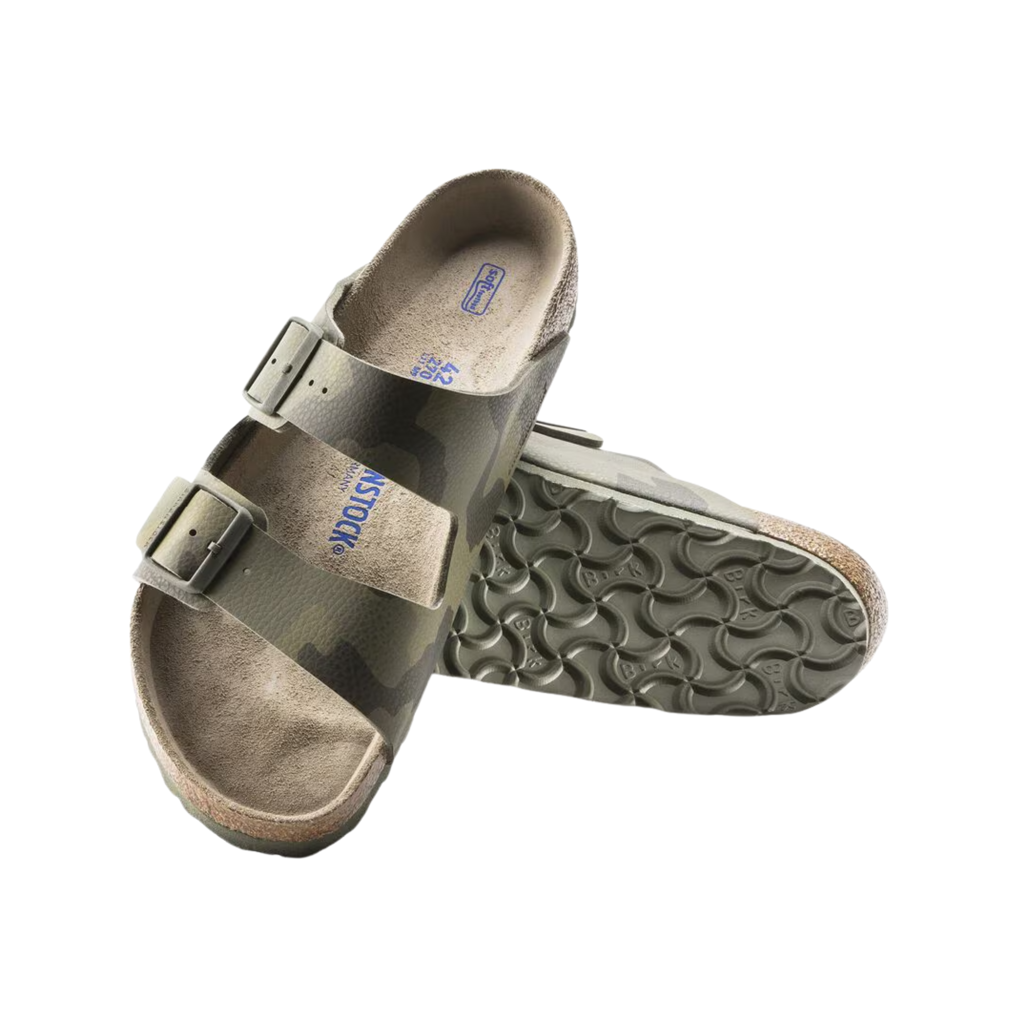 Angled View of Women’s Birkenstock Arizona SFB Birko-Flor sandal in Desert Soil Camo Green – featuring adjustable straps, soft footbed, and camo print upper for a unique and supportive design.