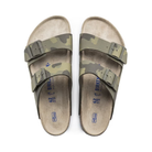 Top View of Women’s Birkenstock Arizona SFB Birko-Flor sandal in Desert Soil Camo Green – featuring a cork footbed, adjustable 2-strap design, and soft footbed for added comfort.
